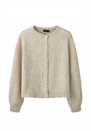 Cárdigan beige de punto con escote redondo, mangas largas, cierre frontal con botones y puños y dobladillo acanalados.