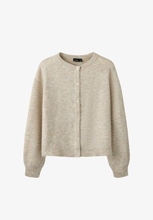 Beige knitted cardigan with round neckline, long sleeves, button-down front, and ribbed cuffs and hem.