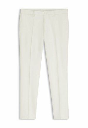 Pantalon crème coupe slim avec passants pour ceinture, fermeture à boutons, poches avant et un pli sur chaque jambe.