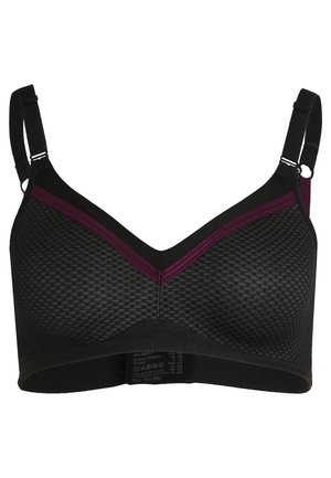 Black bra with a textured design, V-shaped neckline, and purple accents. Adjustable straps and a seamless finish for comfort.