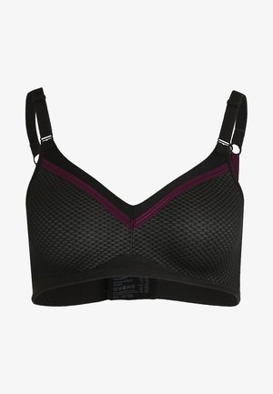 Musta rinnahoidja tekstuurse mustriga, V-kujulise dekolteega ja lillakate aktsentidega. Reguleeritavad õlapaelad ja õmblusteta viimistlus mugavuse tagamiseks.