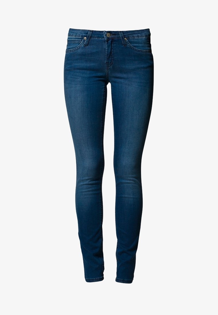Jean skinny en denim bleu foncé. Dispose d'un design classique à cinq poches, coupe slim au niveau des jambes, avec une légère élasticité pour le confort.