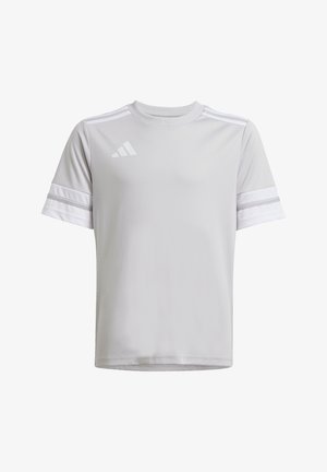 Szary sportowy T-shirt z krótkimi rękawami, z trzema białymi paskami na każdym rękawie i białym logo na piersi. Wykonany z gładkiego, lekkiego materiału.