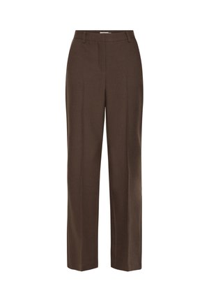Pantaloni marroni su misura con design a gamba dritta, caratterizzati da una vita piatta, tasche laterali e una sottile texture. Finitura pulita e stile versatile.