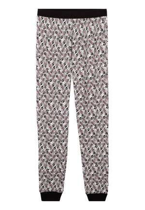 Leggings blancs avec un motif de feuilles noir, dotés d'une ceinture élastique noire et de poignets. Tissu confortable avec une texture lisse.