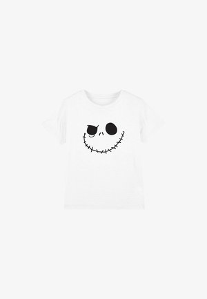 White t-shirt featuring a black cartoon skull design with large eye holes and a stitched smile. Short sleeves and round neckline.