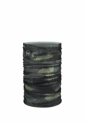 Cuello tubular multifuncional gris oscuro y negro con patrón de camuflaje sutil y pequeño logotipo de Buff en el lateral.
