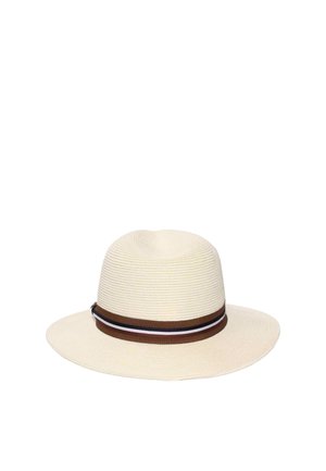 Cream-colored woven sun hat with a wide brim and a brown ribbon band featuring black, white, and maroon stripes.