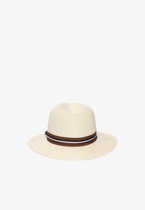 Cream-colored woven sun hat with a wide brim and a brown ribbon band featuring black, white, and maroon stripes.