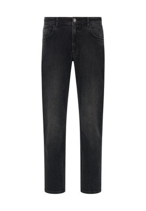 Schwarze Denim-Jeans mit einem geraden Bein-Design, ausgestattet mit Fronttaschen, einem Knopfverschluss und subtilen Verfärbungen im Stoff.