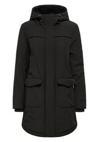 Svart isolerad parkas med huva, dragkedja fram, två stora fickor med lock och rundad nederkant. Slät tyg med en subtil textur.