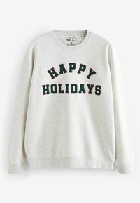 Vaaleanharmaa sweatpaida, jossa on pyöreä pääntie. Paidassa on mustilla ja vihreillä paksuilla kirjottu "HAPPY HOLIDAYS" -teksti. Klassinen malli.