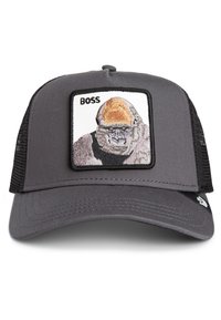 Gray cap with a flat brim and black mesh sides. Features a square embroidered patch of a gorilla with "BOSS" text above.