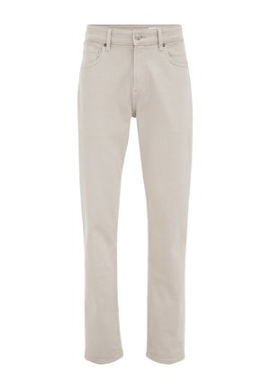 Pantalones de mezcla de algodón en color beige con un corte recto, diseño tradicional de cinco bolsillos, cierre de botón y sutiles detalles de costura.