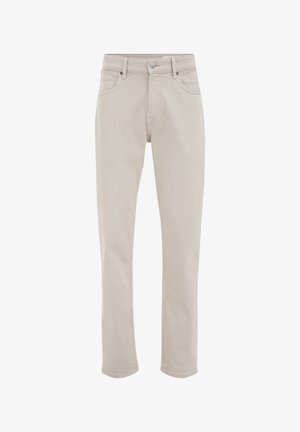 Beige pamut keverék nadrág egyenes lábbal, hagyományos öt zsebes kialakítással, gombos záródással és finom varrási részletekkel.