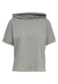 Grå kortärmad hoodie tillverkad av mjukt, lätt material. Har en dragsko vid halsen och en avslappnad passform med upprullade fållar.