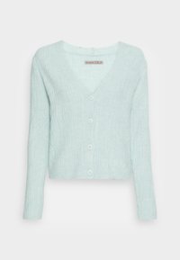 Cardigan in verde menta chiaro, lavorato a coste, con scollatura a V, maniche lunghe e chiusura con sei bottoni. Texture morbida con un design corto.