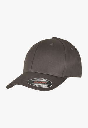 Gray baseball cap made of textured fabric with a curved brim. Features a Flexfit label, adjustable sizing, and six ventilation eyelets.