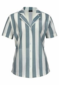 Short-sleeve shirt with a light blue and white striped pattern, featuring a collar, six buttons, and a regular fit. Cotton fabric.