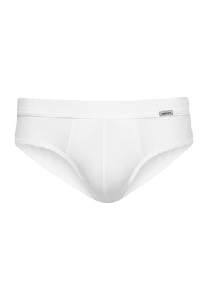 Białe bawełniane slipy o gładkiej fakturze, z elastycznym paskiem w talii i trzema poziomymi szwami z przodu. Zawierają małą metkę marki na pasku.