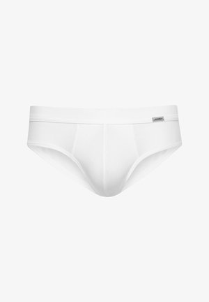Witte katoenen slip met een gladde textuur, elastische tailleband en drie horizontale naden aan de voorkant. Inclusief een klein merkembleem op de tailleband.