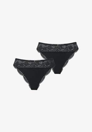 Culottes en dentelle noire avec un design festonné et un tissu doux, comprenant des détails en dentelle délicate le long de la ceinture et des bords. Deux paires incluses.
