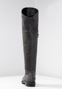 Gray suede over-the-knee boot with a tapered top and side zipper, featuring a flat sole and smooth texture.