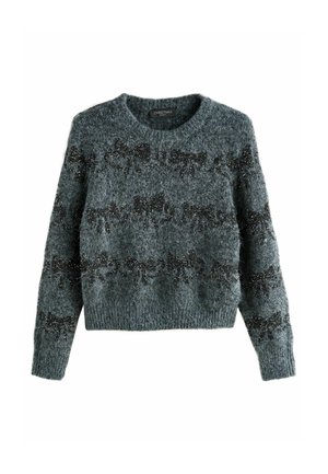 Maglione grigio a maglia con maniche lunghe, scollatura rotonda e motivo testurizzato di fiocchi neri decorati con perline sulla parte anteriore.