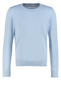 Pullover a maniche lunghe blu chiaro con colletto a giro, con polsini e orlo a costine, realizzato in morbido tessuto a maglia.