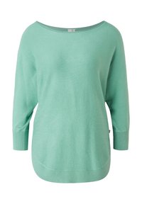 Pull vert menthe à manches longues, col large, texture douce et ourlet incurvé. Confectionné en tissu tricoté léger.