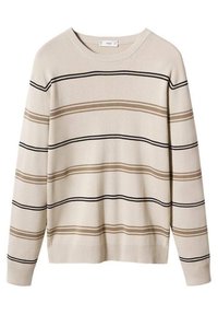 Maglione beige lavorato a maglia con righe orizzontali in marrone chiaro e nero. Presenta un colletto a girocollo e maniche lunghe. Tessuto morbido.