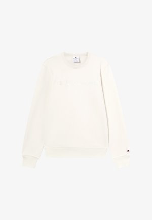 Jasny kremowy sweatshirt z okrągłym dekoltem, z ribbowanymi mankietami i dołem, z wyhaftowanym logo "Champion" w tym samym kolorze z przodu.