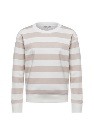 Felpa di colore chiaro con strisce orizzontali beige e bianche. Caratterizzata da un colletto rotondo e polsini e orlo a costine. Tessuto dalla texture morbida.