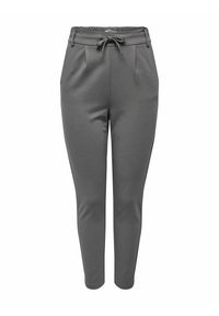 Szare dresowe spodnie z elastycznym pasem, zwężającymi się nogawkami, przednimi zakładkami i gładką, miękką fakturą. Idealne na codzienne noszenie.