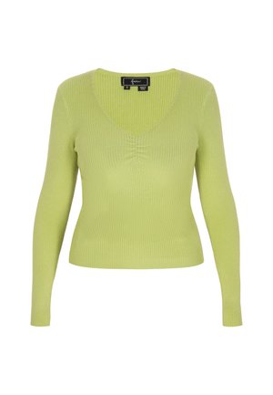 Rippstrick, langärmeliger Pullover in Hellgrün mit V-Ausschnitt und leichter Raffung in der Mitte. Weicher, dehnbarer Stoff.