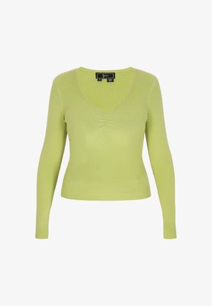 Rippstrick, langärmeliger Pullover in Hellgrün mit V-Ausschnitt und leichter Raffung in der Mitte. Weicher, dehnbarer Stoff.