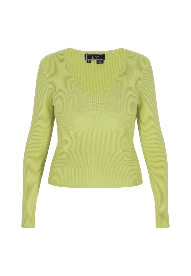 Rippstrick, langärmeliger Pullover in Hellgrün mit V-Ausschnitt und leichter Raffung in der Mitte. Weicher, dehnbarer Stoff.
