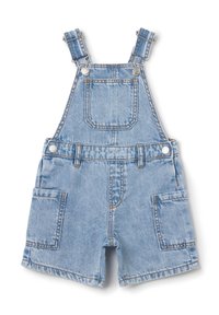 Denim tuinbroeken met verstelbare banden, lichtblauwe kleur, voor- en zijzakken, metalen hardware en een vervaagde wastextuur.
