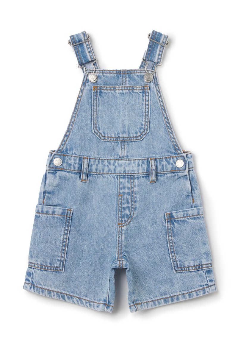 Denim tuinbroeken met verstelbare banden, lichtblauwe kleur, voor- en zijzakken, metalen hardware en een vervaagde wastextuur.