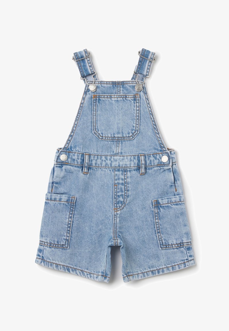 Denim overalls with adjustable straps, light blue color, front and side pockets, metal hardware, and faded wash texture.