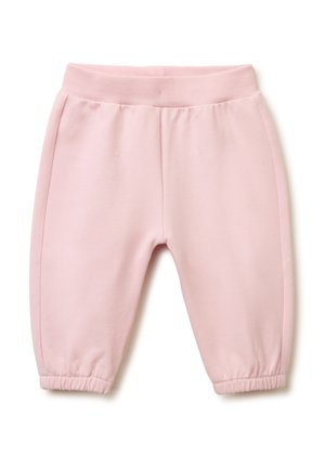 Pantalones de bebé en rosa suave con cintura y puños elásticos, fabricados con tela suave, diseñados para la comodidad y facilidad de movimiento.