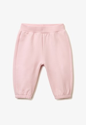 Pantaloni rosa soft per bambini con vita e polsini elasticizzati, realizzati in tessuto morbido, progettati per comfort e facilità di movimento.