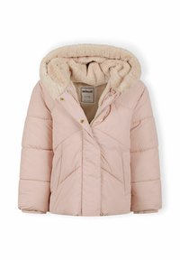 Svijetloružičasta puffer jakna s kapuljačom i podstavom od umjetnog krzna, horizontalno kvadrirana konstrukcija, i zlatnim detaljima na prednjem zatvaranju.