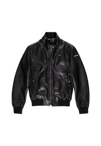 Giacca bomber in pelle nera, con zip frontale, polsini a coste, due tasche laterali con zip e una patch con logo sulla spalla sinistra. Texture liscia.