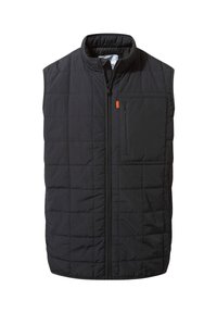 Black sleeveless vest with a quilted design, high collar, front zipper, and one chest pocket, featuring an orange accent. Lightweight fabric.