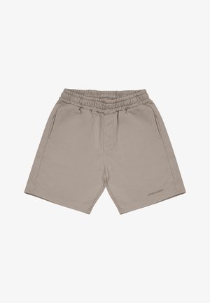 Beige katoenen shorts met een elastische tailleband, twee zijzakken en gestikte zomen. Heeft een subtiele logo dicht bij de onderrand.