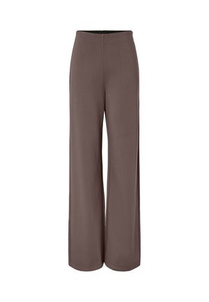 Pantalones de pierna ancha y tiro alto en color topo sólido con una textura suave y un frente limpio, sin bolsillos visibles ni adornos.