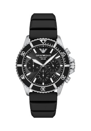 Schwarze Emporio Armani Solar-Chronographuhr mit schwarzem Zifferblatt, drei Totalisatoren, silbernen Markierungen, drehbarer Lünette und schwarzem Silikonarmband.