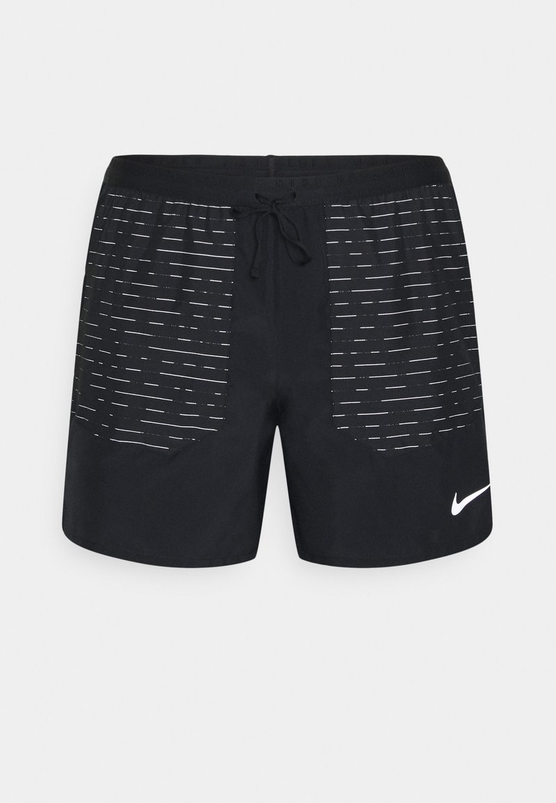 Shorts de sport noirs avec taille à cordon, présentant des panneaux latéraux à motifs avec des lignes blanches réfléchissantes et un petit logo blanc.