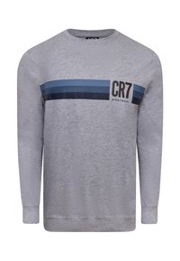 Grå langærmet sweatshirt lavet af blødt stof med en horisontal blå og navy stribet detalje samt grafik med teksten "CR7 NIGHTWEAR".